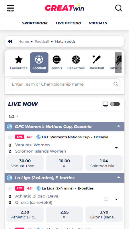 GreatWin live betting