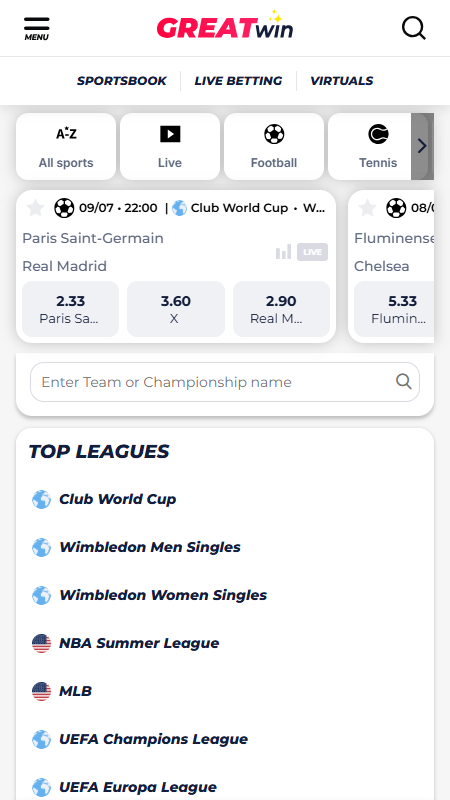 GreatWin bookmaker top sports