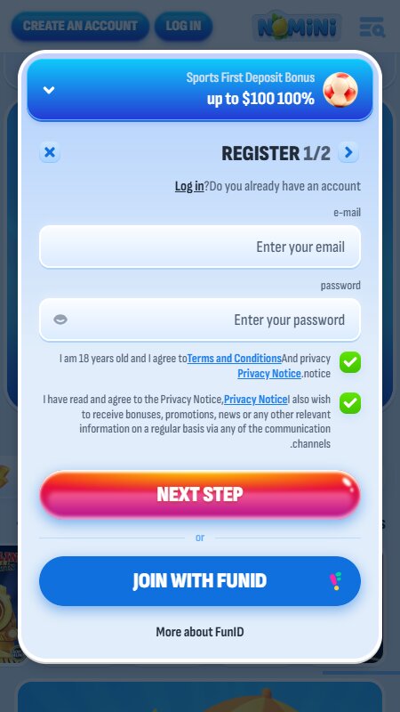 Nomini bookmaker registration step 1 UAE