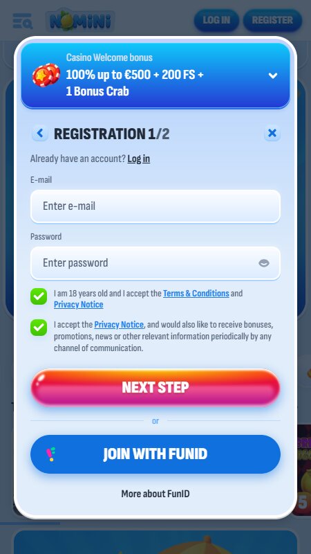 Nomini registration step 1