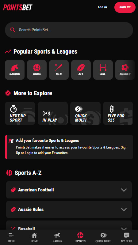 PointsBet Bookmaker sports page