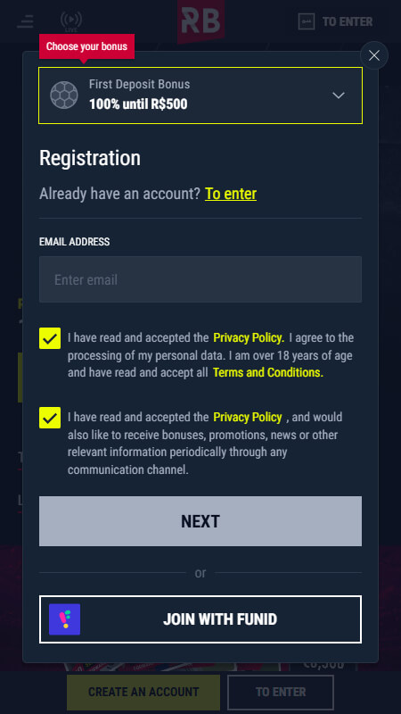Rabona Brazil registration step 1