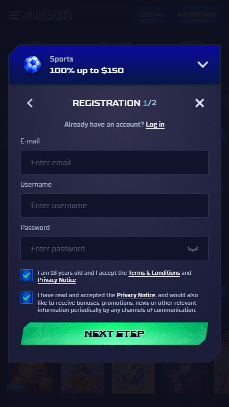 Sportaza registration step 1