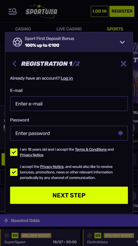 Sportuna registration step 1