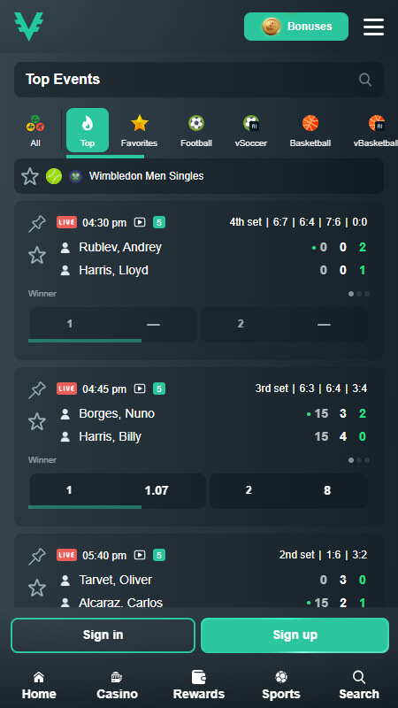 Vave Bookmaker Live betting