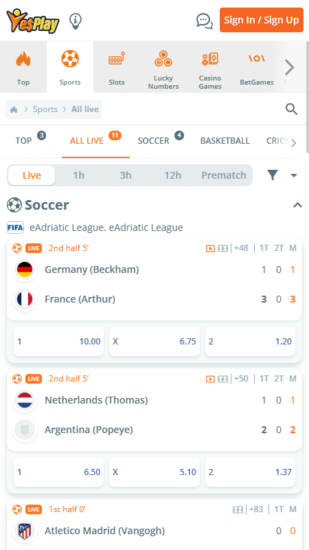 YesPlay Bookmaker Live betting
