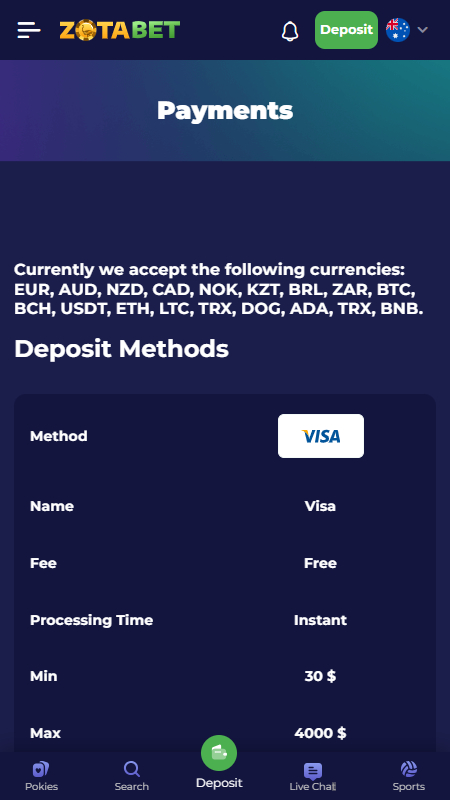 Zotabet payments Australia