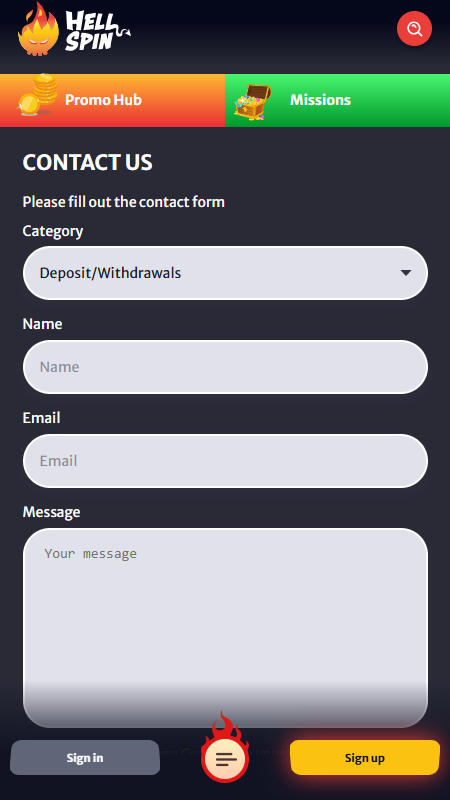 HellSpin Contacts page
