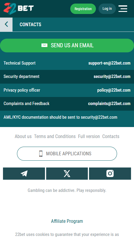 22Bet contacts information