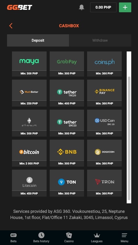 GGBet payment methods