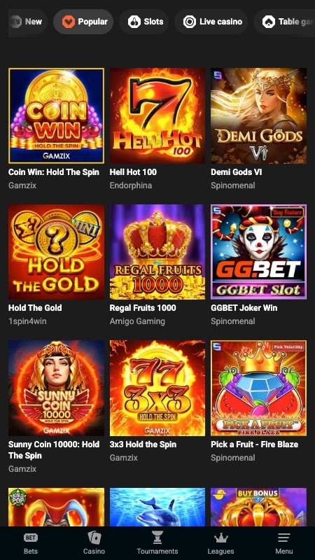 GGBet casino interface
