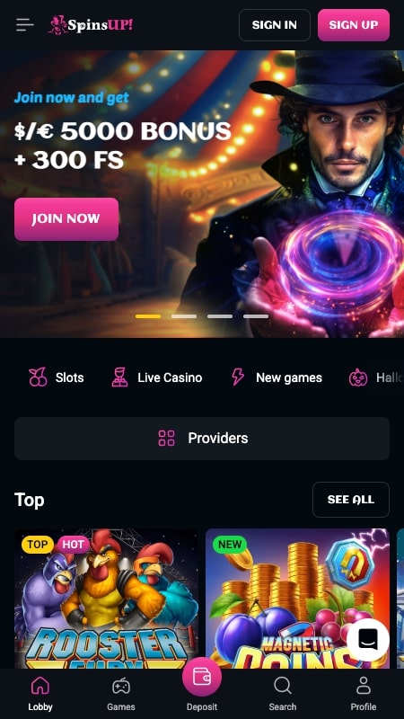 Spinsup casino homepage