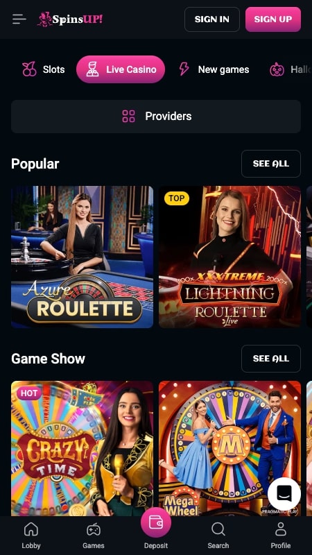 Spinsup live casino interface
