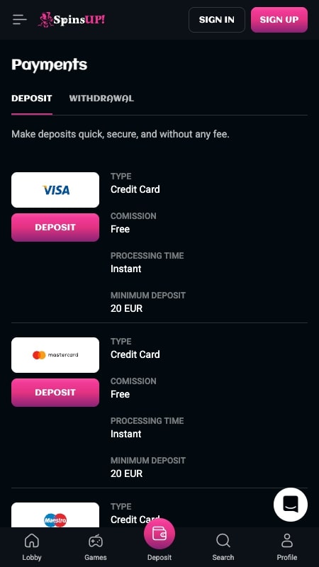 Spinsup payment methods