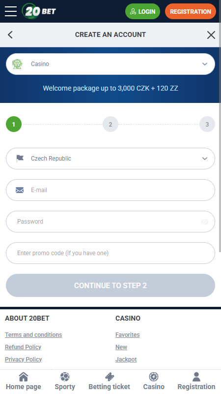 20Bet casino registration step 1 Czech Republic