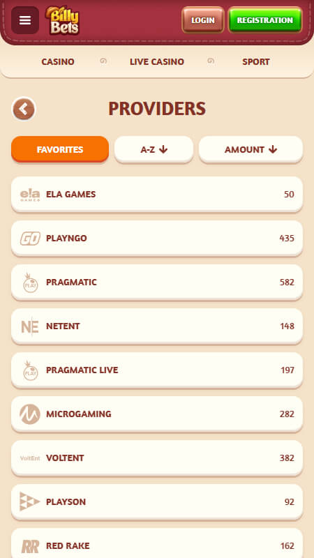 BillyBets casino providers