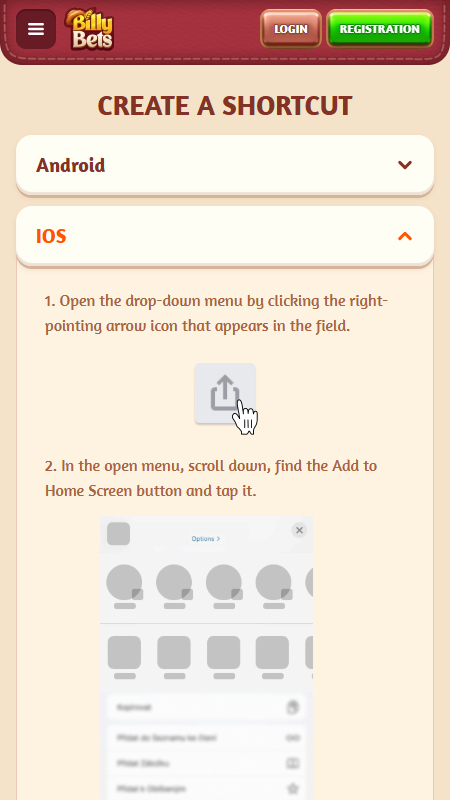 BillyBets mobile shortcut