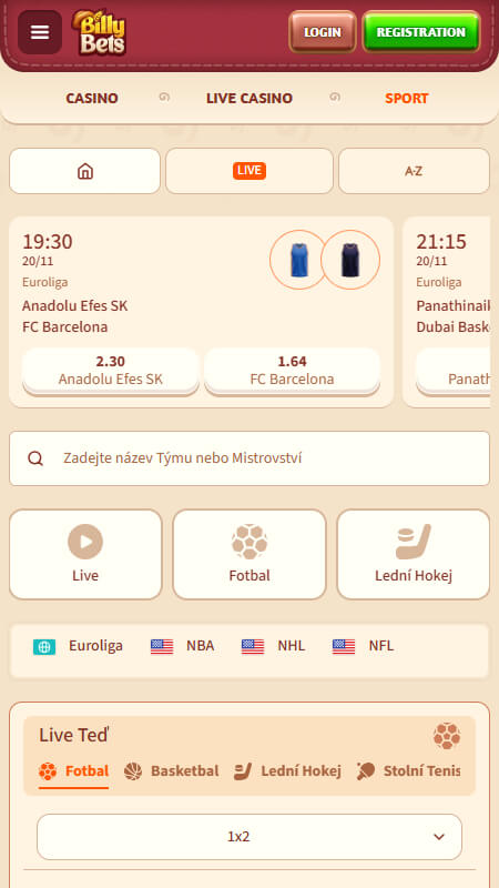 BillyBets bookmaker sport page