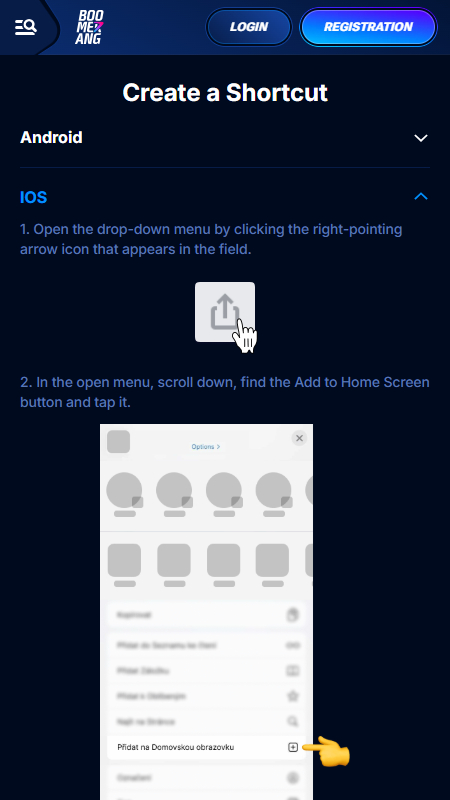 Boomerang bet mobile shortcut