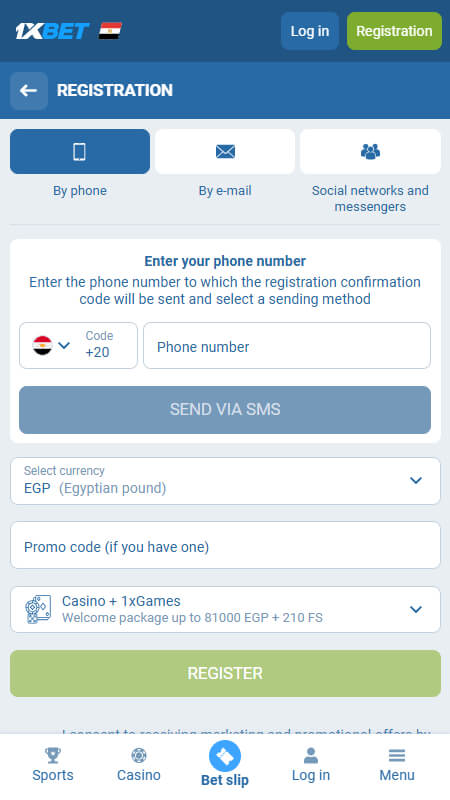 1xbet casino registration by phone Egypt