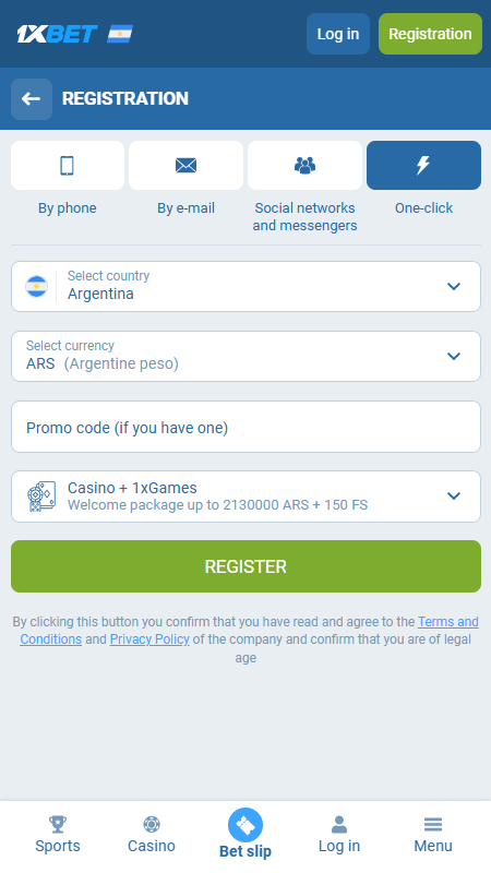 1xbet casino registration one click Argentina