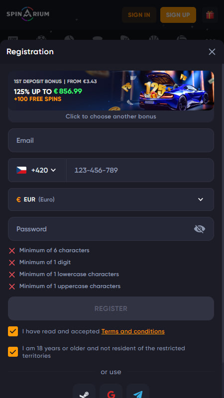 Registration at Spinarium Casino