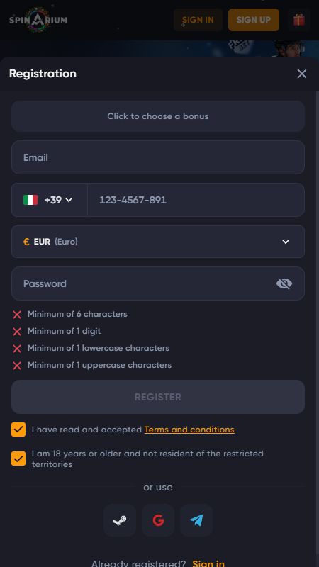 Creating an account on Spinarium