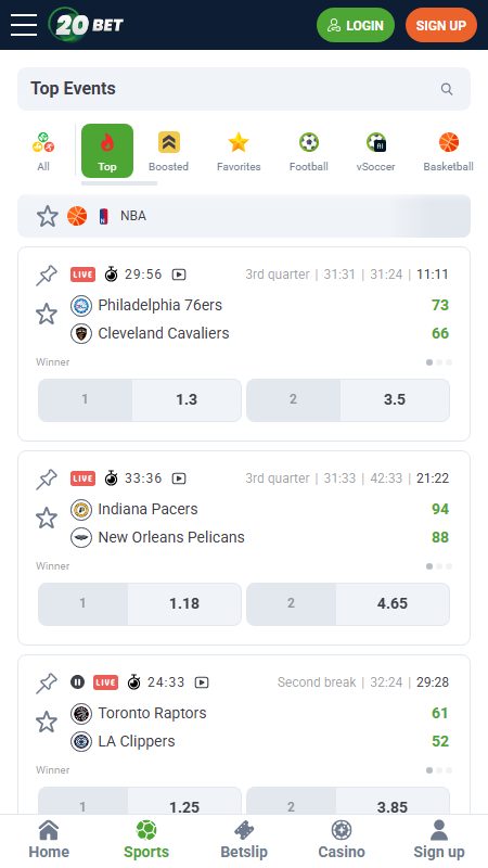 20Bet bookmaker live bet