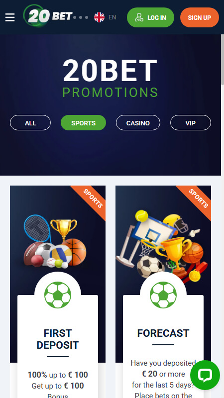 20Bet bookmaker bonuses EUR