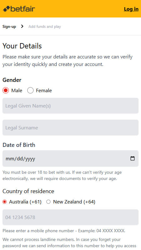 Betfair registration Australia
