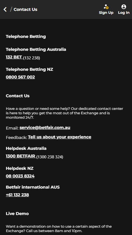 Betfair technical support Australia