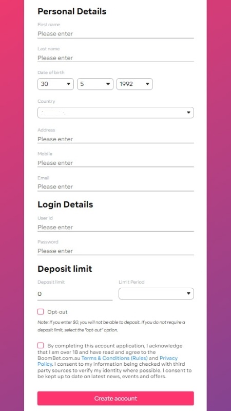 BoomBet registration