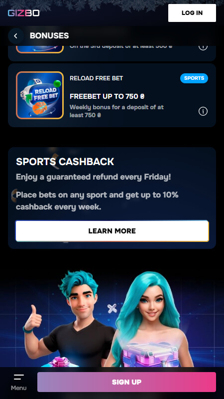 Gizbo  bonuses at bookmaker