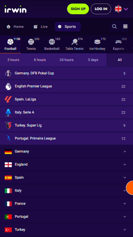 Irwin Sport betting page