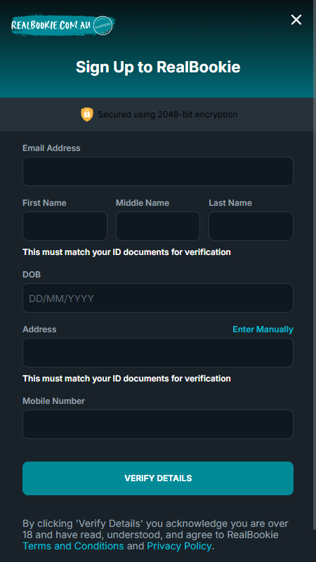 RealBookie registration account
