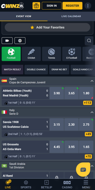 Cwinz live betting