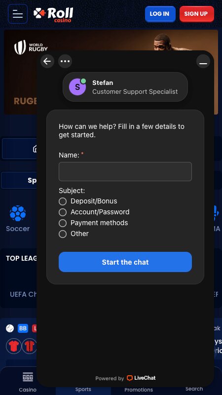 Live chat on Roll Casino