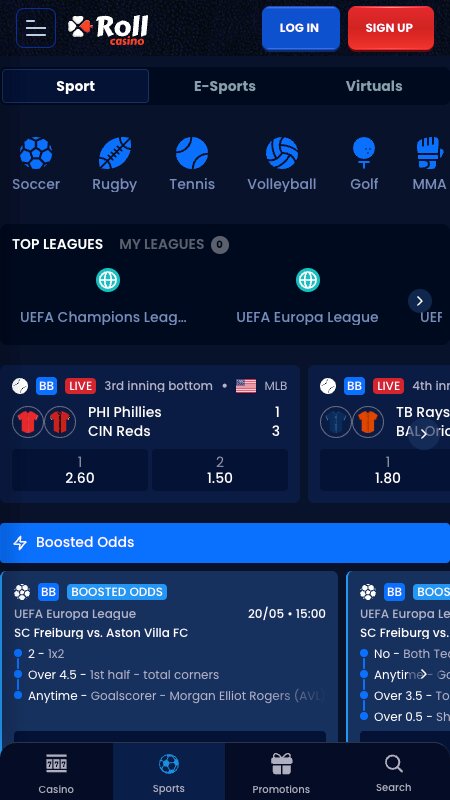 Roll Casino sports betting interface