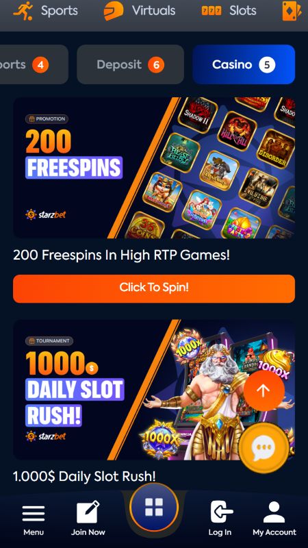 Promotions page on Starzbet 