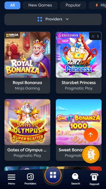 Online casino section on Starzbet 