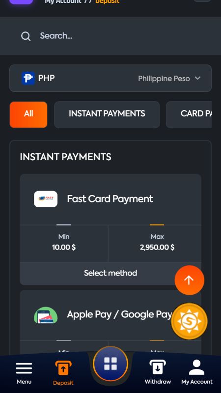 Payments methods section on Starzbet 