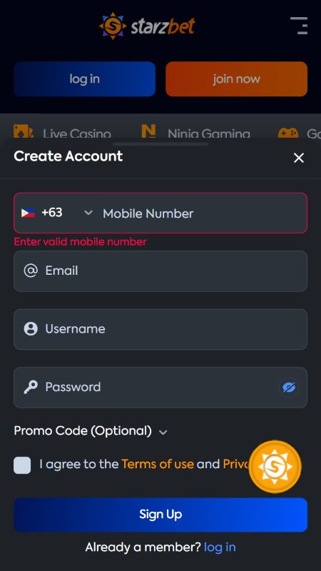 Creating an account on Starzbet 