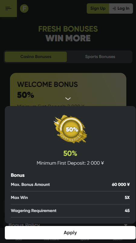 Fresh Casino welcome bonus Japan