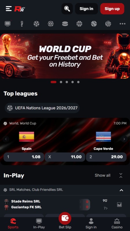 Redracer bookmaker homepage
