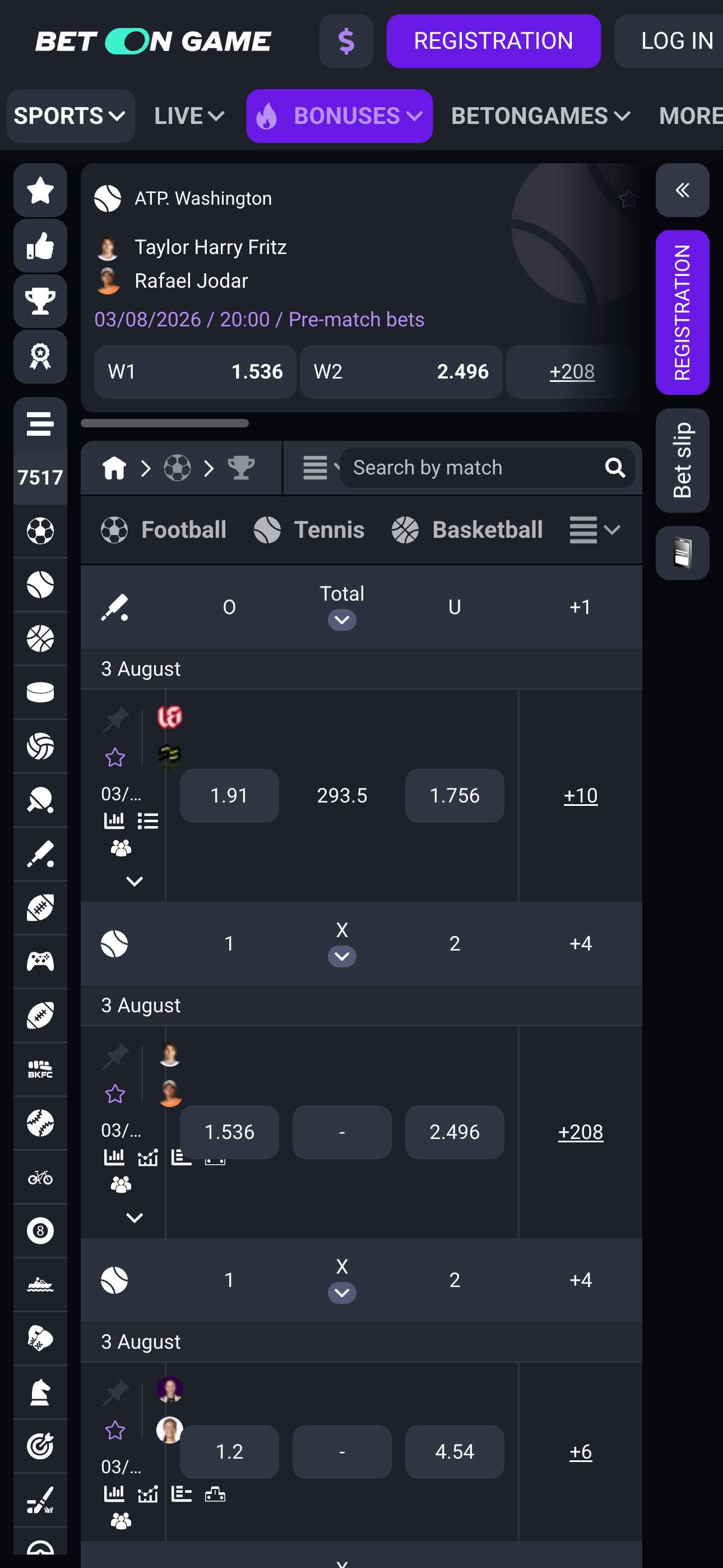 Betongame sports betting markets mobile view