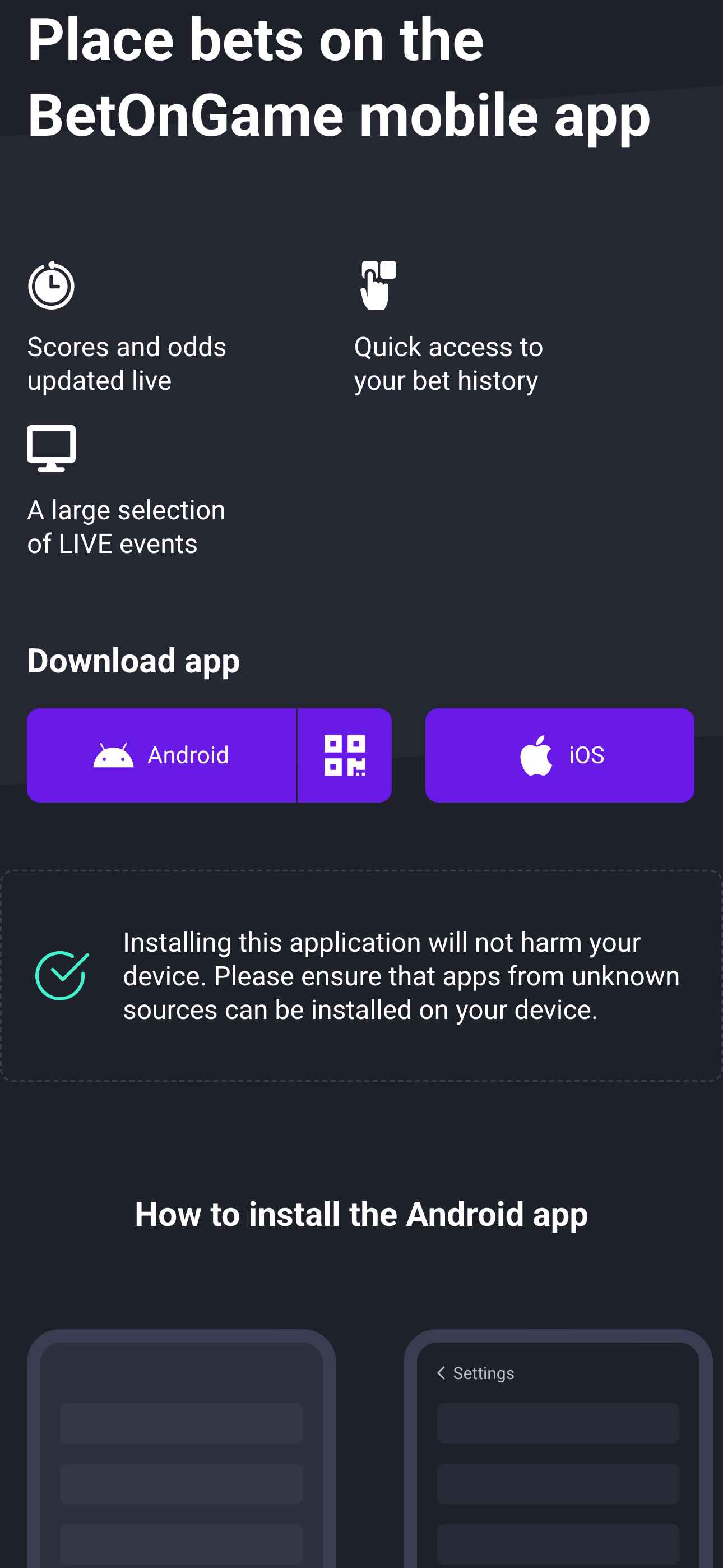 Mobile app of Betongame screenshot
