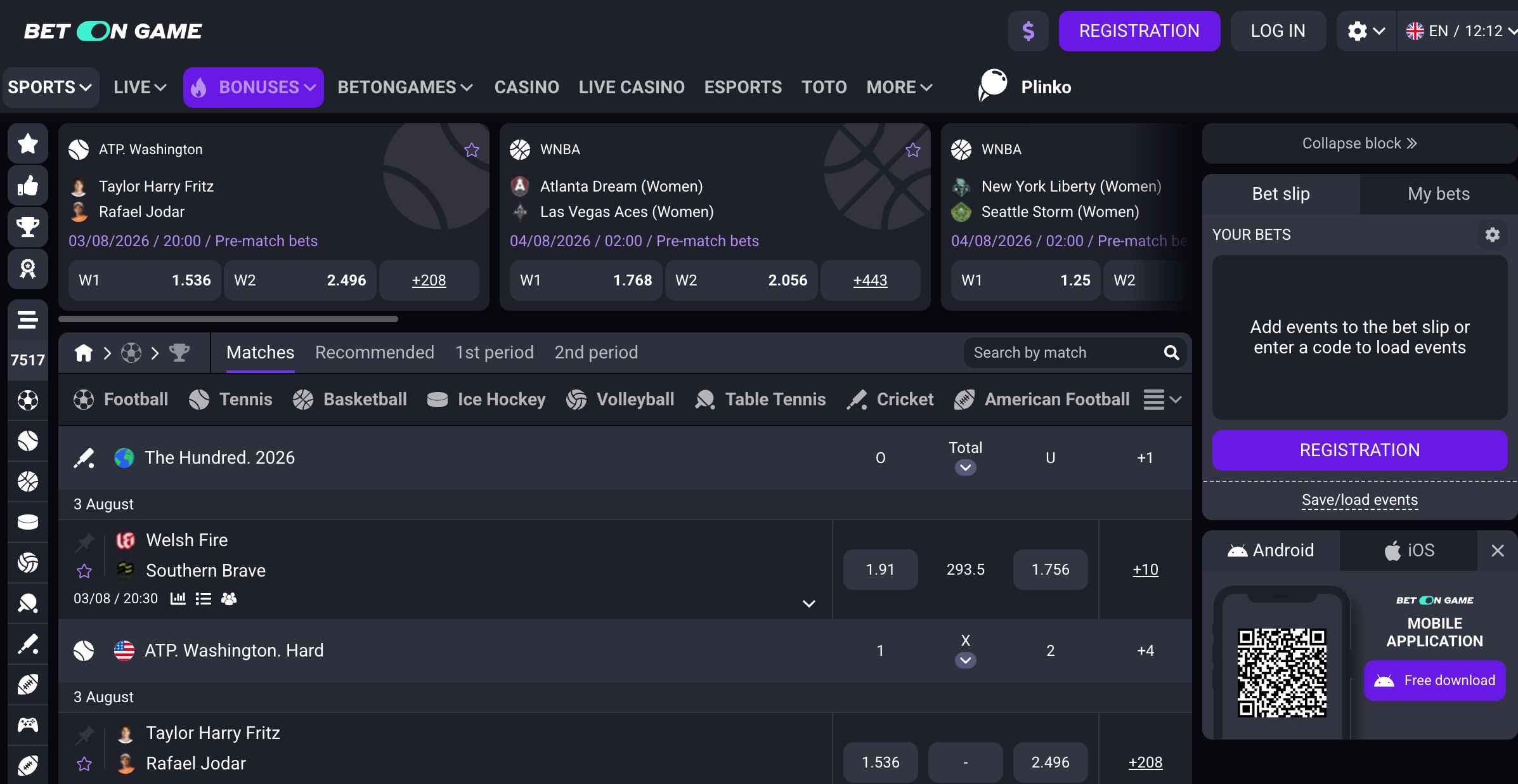 Betongame sports betting markets